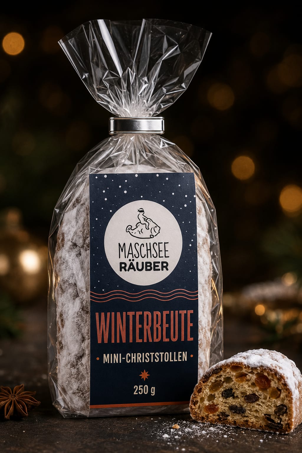 Maschseeräuber Winterbeute – Mini-Christstollen 250 g Maschseeräuber Winterbeute Mini-Christstollen 250 g mit Marzipankern in Geschenkverpackung Bildtitel: